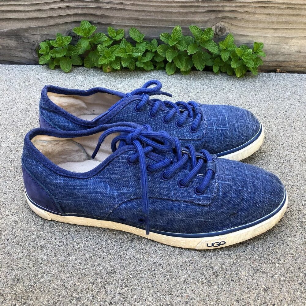 UGG Australia Hally Canvas Shoes Women's 7.5 Blue Lace Up 1002640 Sherpa Heel​​​